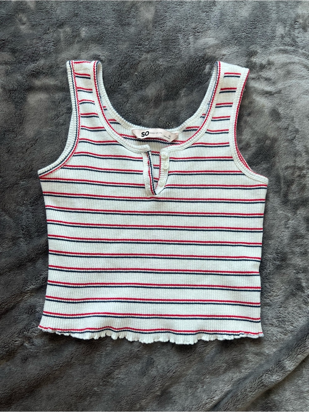 SO White Ribbed Tank Top with Red & Navy Stripes